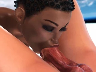 Female sex android plays with a sexy ebony in space station